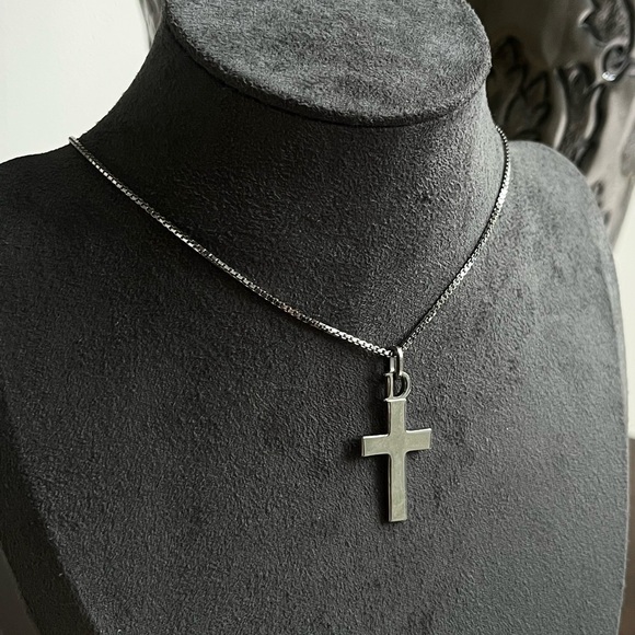 Vintage Christian Dior D Logo Monogram Cross Pendant Silver Tone Chain Necklace